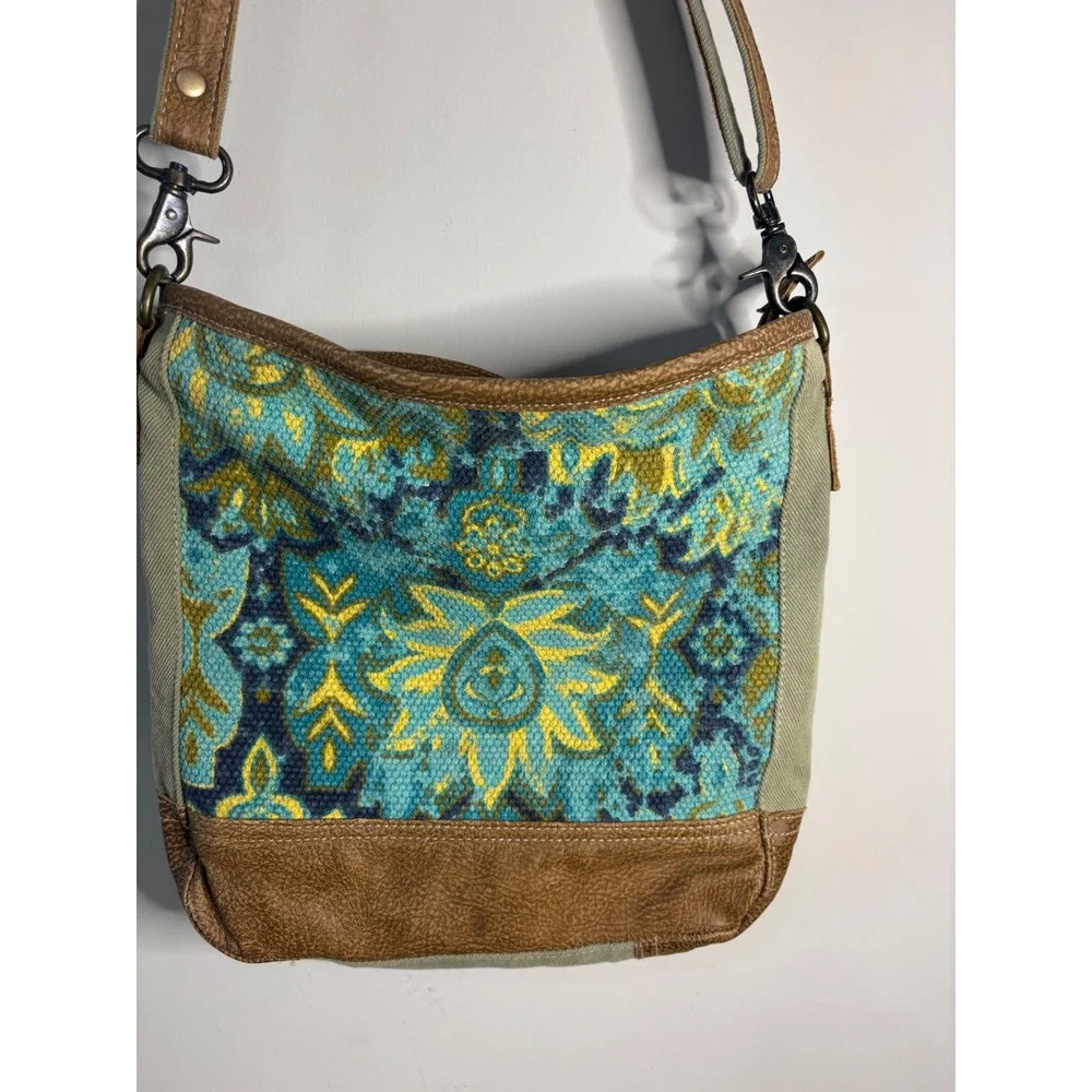 Myra Bag‎ Teal Yellow Tapestry Cotton Canvas Leather Crossbody Bag S-1536